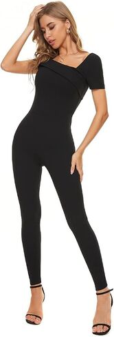 SUGAR POISON Women's Casual Cross Off Shoulder Elegant High Waist Long Jumpsuit Short Sleeve Romper in Saudi Arabia