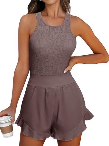 Nlife Women Casual Smocked Sleeveless Rompers Summer Back Cross Boho Ruffled Shorts Jumpsuits in Saudi Arabia