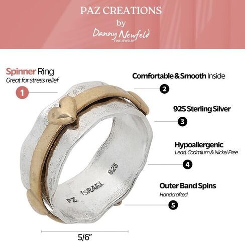 Paz Creations Women's 925 Sterling Silver Heart Spinner Ring - Boho Style Fidget Ring With Sturdy Band - Handmade Artisan Jewelry, Gift Ready For Her in Saudi Arabia