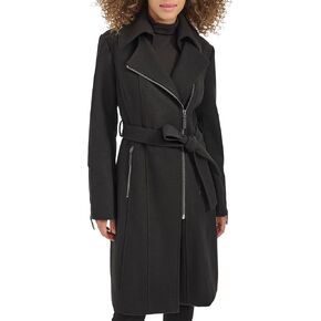 Kenneth Cole Women's Tweed Textured Asymmetrical Zip Belted Wool Coat with Zipper Trim