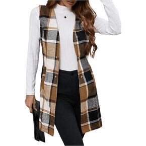 MakeMeChic Women's Long Vest Plaid Button Open Front Sleeveless Blazer Vest Jacket Coat with Pocket