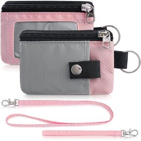 Minimalist Wallet For Mens Womens, Keychain RFID Blocking Zipper Small Wallet with ID Window 2 Lanyards,Water Resistant Travel Cash Card Coin Case Boys Girls