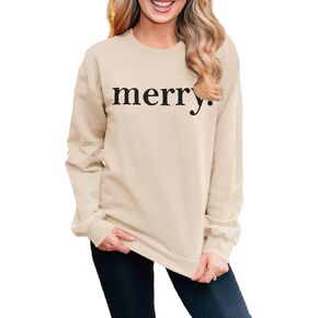 BOUTIKOME Womens Christmas Sweatshirt Merry Letter Printed Shirt Holiday Crewneck Pullover Loose Tops Xmas Gifts