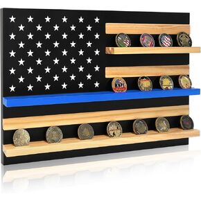 Solid Wood American Flag Challenge Coin Holder Wall Display Case, 3-Row Thin Blue Line Rack for 30 Military Coins, Ideal Shelf for Collectible Coins