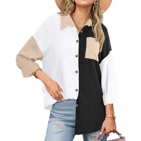Neweek Womens Linen Button Down Shirts Casual Long Sleeve Loose Textured Collared Blouses Work Tops with Pocket