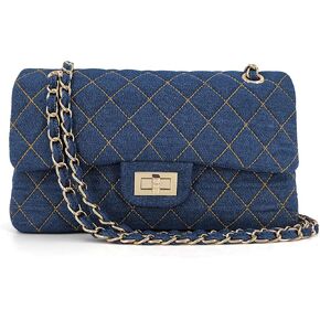 Quilted Denim Crossbody Bags for Women, Chain Strap Shoulder Bags, Classic Medium Double Flap Purse, Gold Hardware Jean Purse