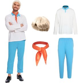 Adult Halloween Fred Costume Men's Long Sleeve Shirt with Blonde Wig Orange Scarf and Trousers for Cosplay