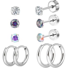 CANDYFANCY 5 Pairs Titanium Earrings for Women Men 20G Flat Back Stud Huggie Hoop Earring Set AB Cubic Zircon Opal Ball Stud Earrings for Hypoallergenic Cartilage Helix Lobe Piercing
