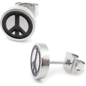 Pair Stainless Steel Silver Black Peace Sign Post Stud Earrings 8mm