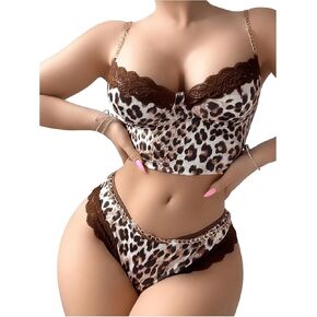 SHENHE Women's Leopard Print Lingerie 2 Piece Set Lace Trim Chain Bra and Panty Set