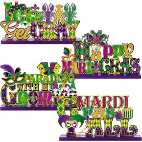 Blulu 4 Pcs Mardi Gras Decorations Mardi Gras Centerpieces for Tables Masquerade Mask Gnome Crawfish Wooden Signs Carnival Ornaments Mardi Gras Party Supplies Props Table Desk Decor New Orleans Style