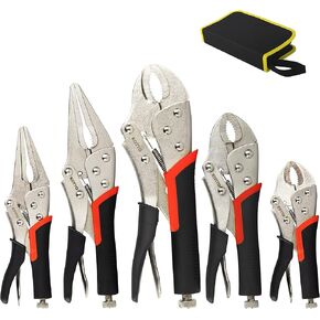 KOTTO 5 Pack Set Locking Pliers Set, 5 Inch, 7 Inch and 10 Inch Curved Jaw Locking Pliers, 7 Inch and 9 Inch Long Nose Locking Pliers with Storage Bag