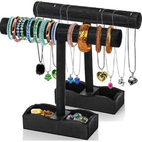 Set of 2 Bracelet Holder Display, Wooden Bracelet Display Stand Necklace Holder, T-Bar Jewelry Organizer Stand for Vendors Selling, Watch Rack with Storage Tray for Earrings, Rings, Bangles
