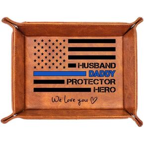 Police Gifts for Men - PU Leather Valet Tray Gift For Dad Fathers Day, Unique Birthday Gift For Officer Dad Husband From Son Daughter Wife, Funny Sheriff Dad Desk Organizer Decor Accessories