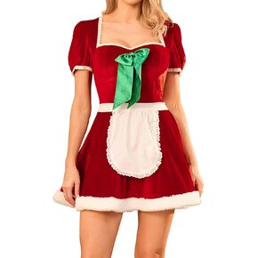 SOLILOQUY Mrs Claus Costumes for Women Red Velvet Short Sleeve Lace Trim Bow Christmas Santa Dress Halloween Cosplay Outfit