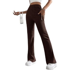 MakeMeChic Women's Rib Knitted Bell Bottoms Elastic Waist Bootcut Trousers Flared Leg Pants