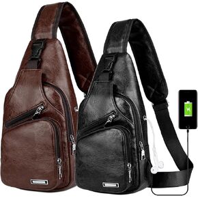 Peicees Pack of 2 Large&Medium Leather Sling Bag Mens Crossbody Bag Chest Bag Sling Backpack for Men with USB Charge Port, Classic Large Dark Brown & Classic Medium Black