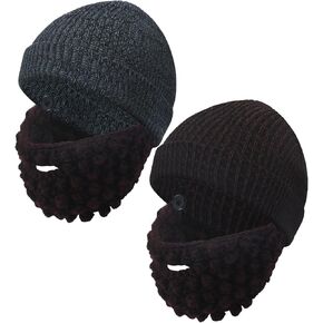 Geyoga 2 Pcs Unisex Wacky Beard Hat Christmas Knit Funny Beanie Knitted Beanie Caps with Detachable Fake Beard Winter Warm Handmade Knit Hat and Removable Beard Cap Wind Knit Mask Black, Gray