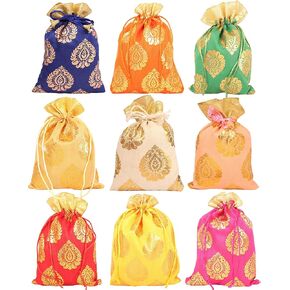 Touchstone Drawstring Bags Traditional Indian Handcrafted in Ficus Leaf Pattern Brocade fabric. Perfect for Gifts Jewelry Weddings Sweet Distribution Set of 9 Vibrant Multicolor Pouches Purses Potli