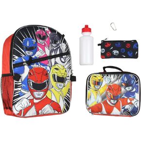 Power Rangers Let's Do This Red Pink Black Blue Ranger Backpack Lunch Bag Gadget Case Carabiner Water Bottle 5 Piece Set