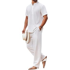 COOFANDY Men's 2 Piece Cotton Sets Casual Short Sleeve Henley Shirts and Beach Pants Summer Vacation Outfits