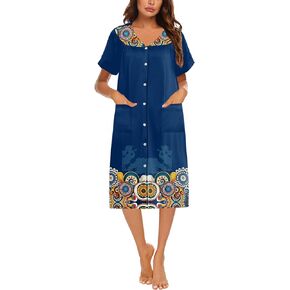 Ekouaer House Dresses for Women with Pockets Button Down Nightgowns Snap Front Moo Moos Mumu Dresses Floral Print S-3XL