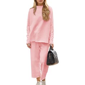 Tankaneo Womens Travel Vacation Outfit Casual 2 Piece Sets Long Sleeve Tops Cropped Pants Matching Tracksuits
