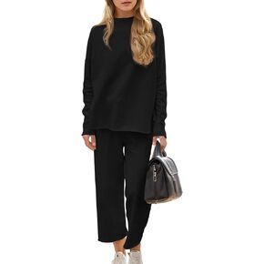 Tankaneo Womens Travel Vacation Outfit Casual 2 Piece Sets Long Sleeve Tops Cropped Pants Matching Tracksuits