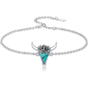 Turquoise Cow Skull Bracelet 925 Sterling Silver Real Turquoise Gemstone Cow Head Skull Adjustable Bracelet Western Jewelry Gifts for Women Cowgirl