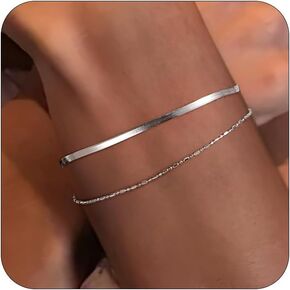 Layered Herringbone Link Chain Bracelet for Women Men Dainty S925 Sterling Silver Flexible Flat Snake Chain Bracelets Trendy Italian Solid Hey Harper Bracelet Waterproof Jewelry Gifts 6.5"+1.2" X-mas