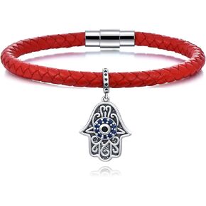 Evil Eye Hamsa Hand Protection Bracelet for Women 925 Sterling Silver Evil Eye Charm on Red Leather Evil Eye Bracelet Birthday Anniversary Friendship Gift