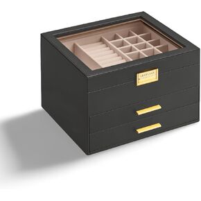 Jewelry Box with Glass Lid,Jewelry Display Case for Women, 3-Layer Jewelry Organizer, 2 Drawers, for Big and Small Jewelry, Jewelry Storage for Rings Earrings Necklace Bracelets (Black)