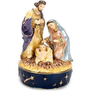 Cottage Garden Hand Painted Metal Enamel Hinged Trinket Box Ornamental Mini Jewelry Ring Earring Organizer Vintage Collectible Figurine Keepsake Box with Bejeweled Crystals, Blue Christmas Nativity
