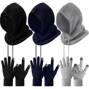 3 Set Knit Hood Scarf Neck Warmer Winter Balaclava Touch Screen Gloves Hood Scarf with Drawstrings Wool Blend Scarf Hat Neck Warmer, Beanie Cap Texting Gloves for Women Cold Weather