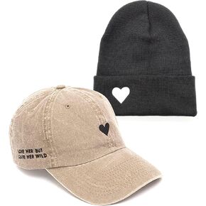 Dad Hat for Women (Heart Khaki) and Cuffed Beanie for Women (Heart Dark Gray) - Unisex Fit, One Size