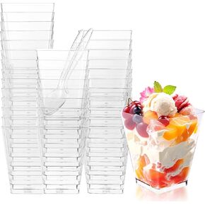 50Pack 5oz Square Plastic Dessert Cups with Spoons, Reusable Clear Parfait Appetizer Cups, Mini Party Trifle Shooter Serving Cups, Dessert Shot Glasses for Tasting