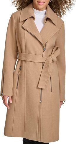 Kenneth Cole Women's Tweed Textured Asymmetrical Zip Belted Wool Coat with Zipper Trim in Saudi Arabia