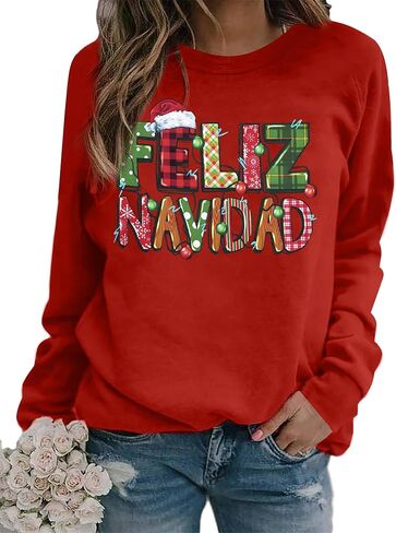 BANGELY Feliz Navidad Christmas Sweatshirt Women Ugly Mexican Bright Santa Christmas Sweater Spanish Holiday Long Sleeve Top in Kuwait