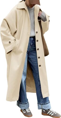 Tankaneo Womens Long Trench Coat Single Breasted Oversized Windproof Classic Lapel Fall Overcoat in Saudi Arabia