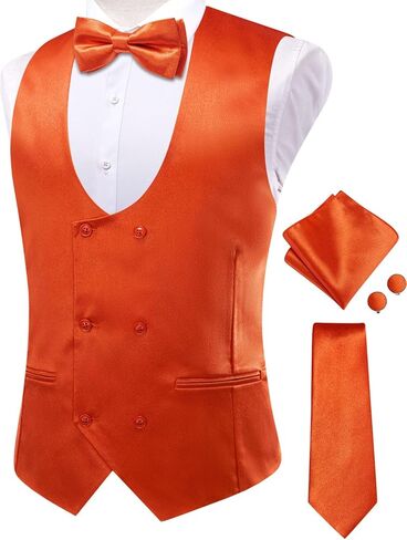 Hi-Tie Mens U-Neck Double-Breasted Suit Vest Necktie and Bow Tie 5PC Set Formal Wedding or Business Dress in Kuwait