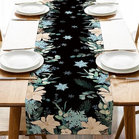 Seliem Winter Cat Table Runner, Kitty Kitten Poinsettia Pine Cone Snowflake Farmhouse Kitchen Dining Table Decor, Christmas Holiday Seasonal Home Decoration Indoor Outdoor Party Supply 13x72 Inches in Saudi Arabia