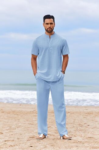 COOFANDY Men's 2 Piece Cotton Sets Casual Short Sleeve Henley Shirts and Beach Pants with Pockets Summer Vacation Outfits in Kuwait