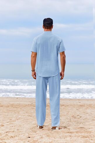 COOFANDY Men's 2 Piece Cotton Sets Casual Short Sleeve Henley Shirts and Beach Pants with Pockets Summer Vacation Outfits in Kuwait