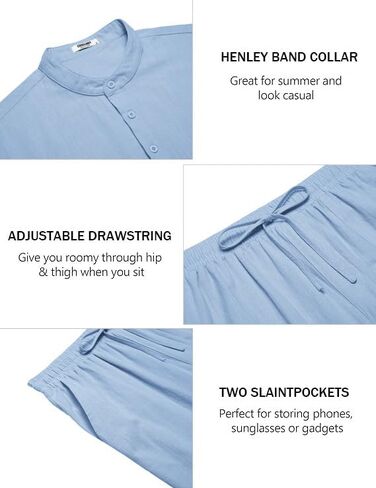 COOFANDY Men's 2 Piece Cotton Sets Casual Short Sleeve Henley Shirts and Beach Pants with Pockets Summer Vacation Outfits in Kuwait