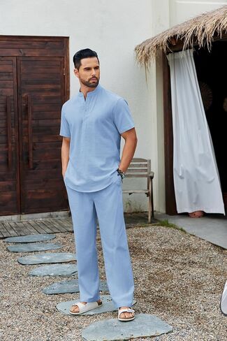 COOFANDY Men's 2 Piece Cotton Sets Casual Short Sleeve Henley Shirts and Beach Pants with Pockets Summer Vacation Outfits in Kuwait