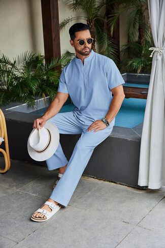 COOFANDY Men's 2 Piece Cotton Sets Casual Short Sleeve Henley Shirts and Beach Pants with Pockets Summer Vacation Outfits in Kuwait