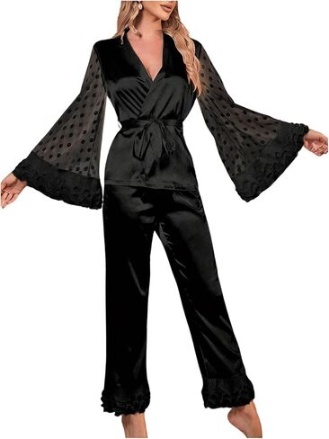 OYOANGLE Women's 2 Piece Satin Pajama Set Mesh Ruffle Trim Flare Sleeve Belted Top and Pants Loungewear in Saudi Arabia