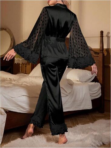 OYOANGLE Women's 2 Piece Satin Pajama Set Mesh Ruffle Trim Flare Sleeve Belted Top and Pants Loungewear in Saudi Arabia