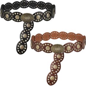 Sintege 2 Pcs Western Wide Disc Belt for Women Hollow Disc Belt Boho Waist Belts Vintage Western Leather Belts Boho Disk Concho Leather Belts Metal Buckle Vintage Belt for Women
