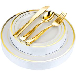 125-Piece White, Pink, and Gold Fancy Plastic Plates Disposable with Silverware, Elegant Dinnerware for Weddings, Holiday Party China, Set of 25 Dinner + Salad Plates, 25 Spoons, 25 Forks, 25 Knives